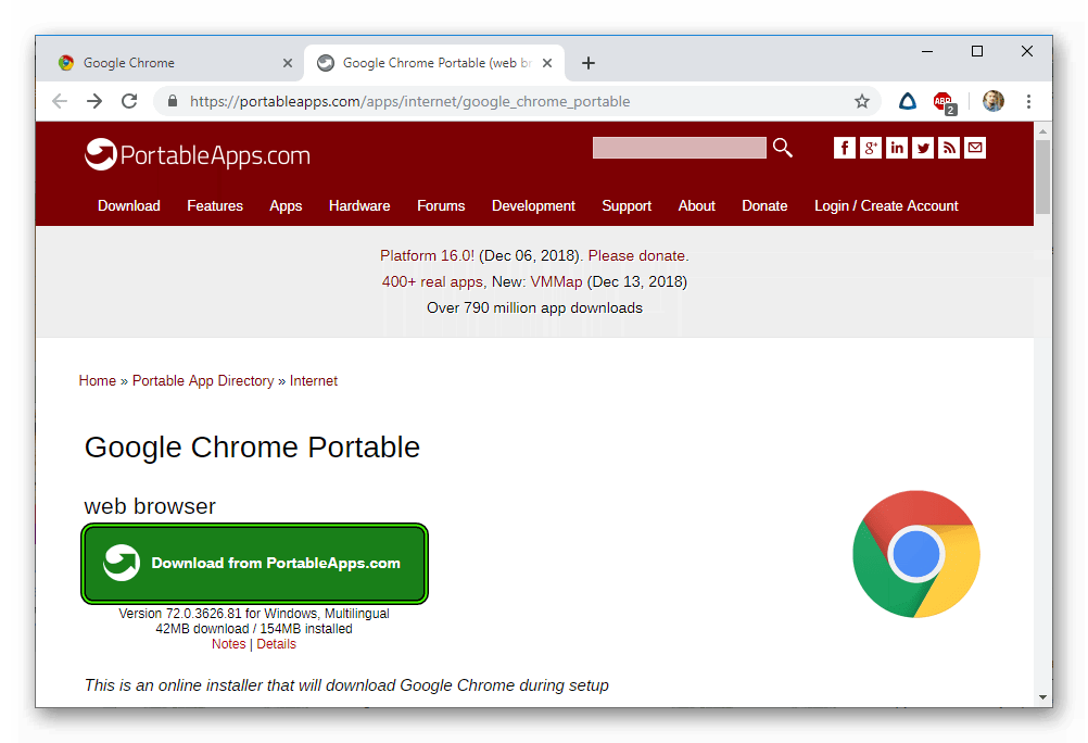 Скачать Google Chrome Portable с сайта PortableApps