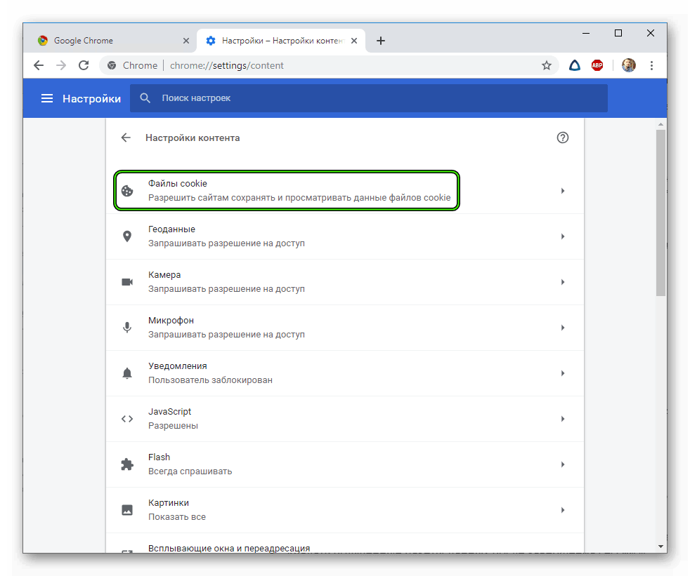Настройки для файлов cookie в браузере Google Chrome