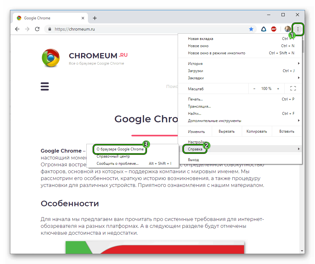 Пункт О браузере в основном меню Google Chrome