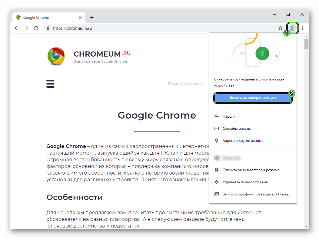 Пункт Включить синхронизацию в окне профиля Google Chrome