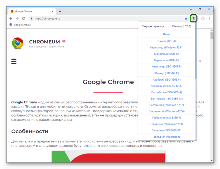 Chrome посмотреть кодировку страницы