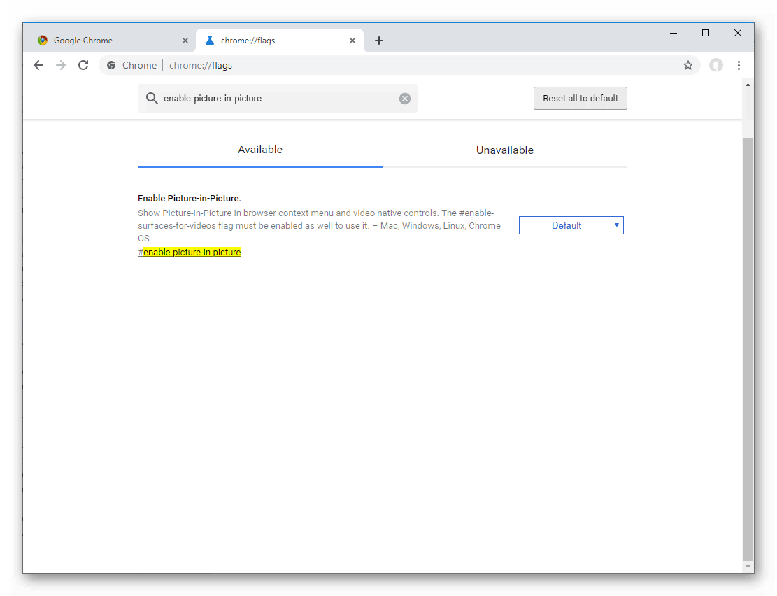 Параметр enable-picture-in-picture на странице chrome-flags в Google Chrome