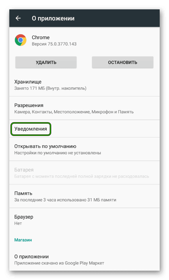 Раздел Уведомления для Google Chrome в настройках приложений на Android