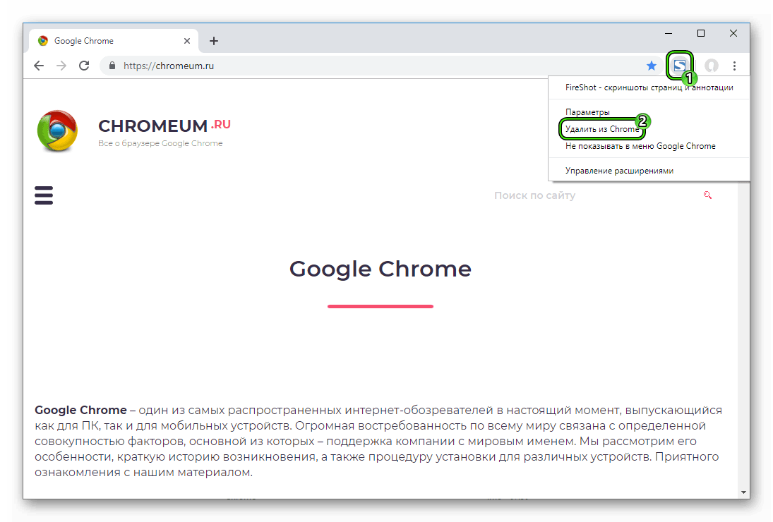Удалить расширение FireShot в веб-браузере Google Chrome