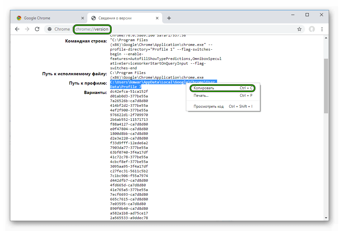 Копирование пути к профилю в Google Chrome