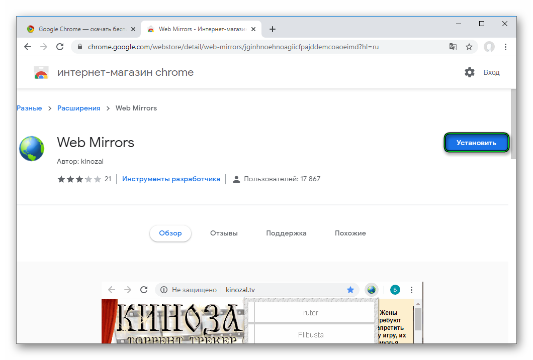 Инсталляция расширения Web Mirrors для Google Chrome