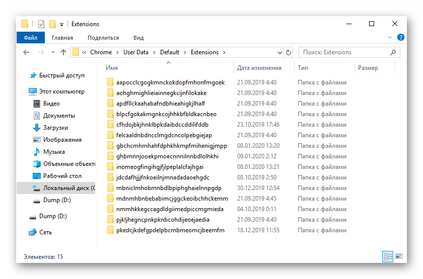 Вид каталога extensions в Проводнике Windows